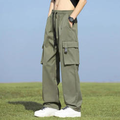2024 New Spring Summer Cargo Pants Men Multi-Pockets Drawstring Straight Casual Pants Streetwear Loose Trousers Male