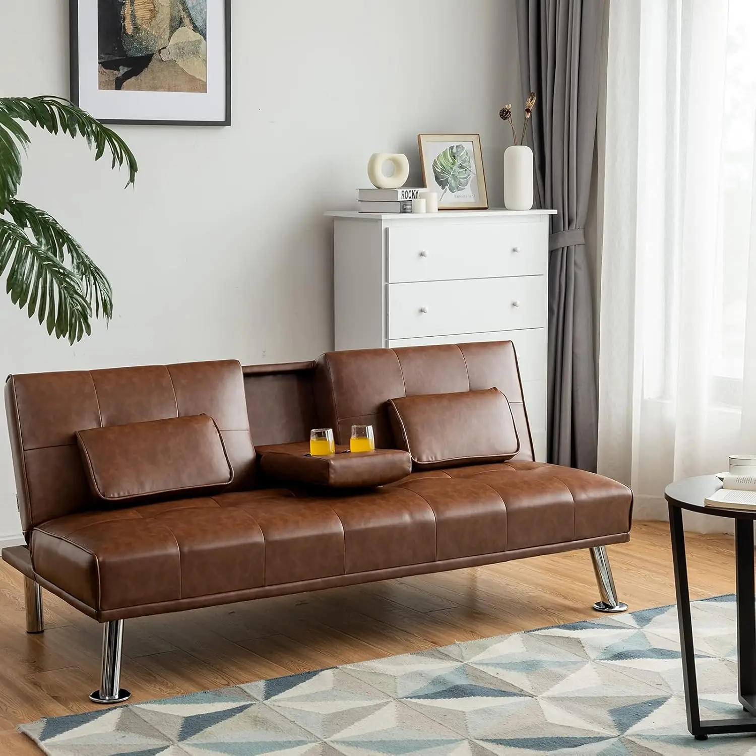 Description Picture 4 of itemLeather Futon Sofa Bed Convertible Folding Couch for Living Room.Small Space with Cup Holder and Removable Armrest Brown