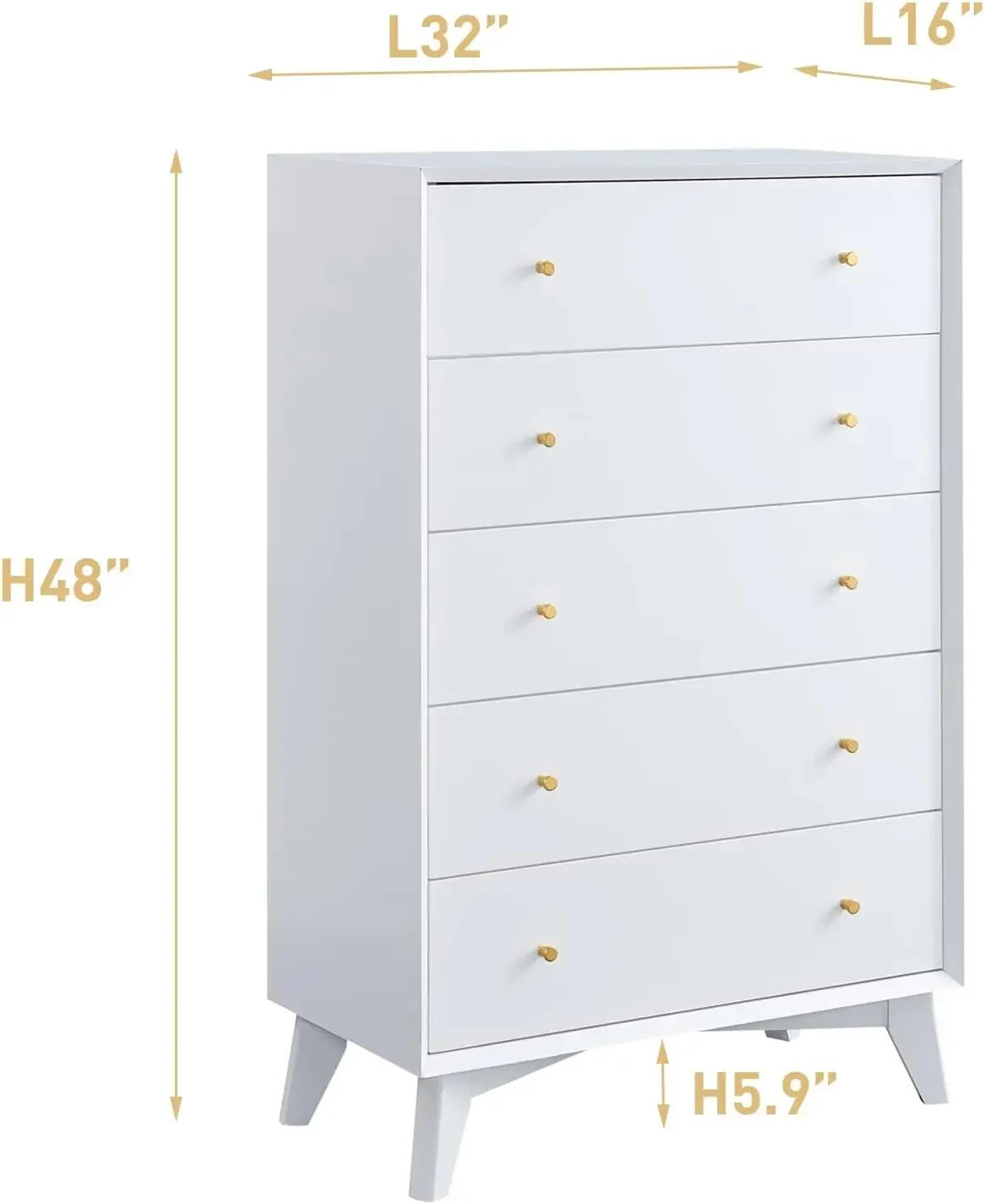 Description Picture 3 of item5 Drawer Dresser For Bedroom 48" Tall Mid-Century Modern Chest Of Drawers Beveled Profile Design Wood Drawer Organizer White