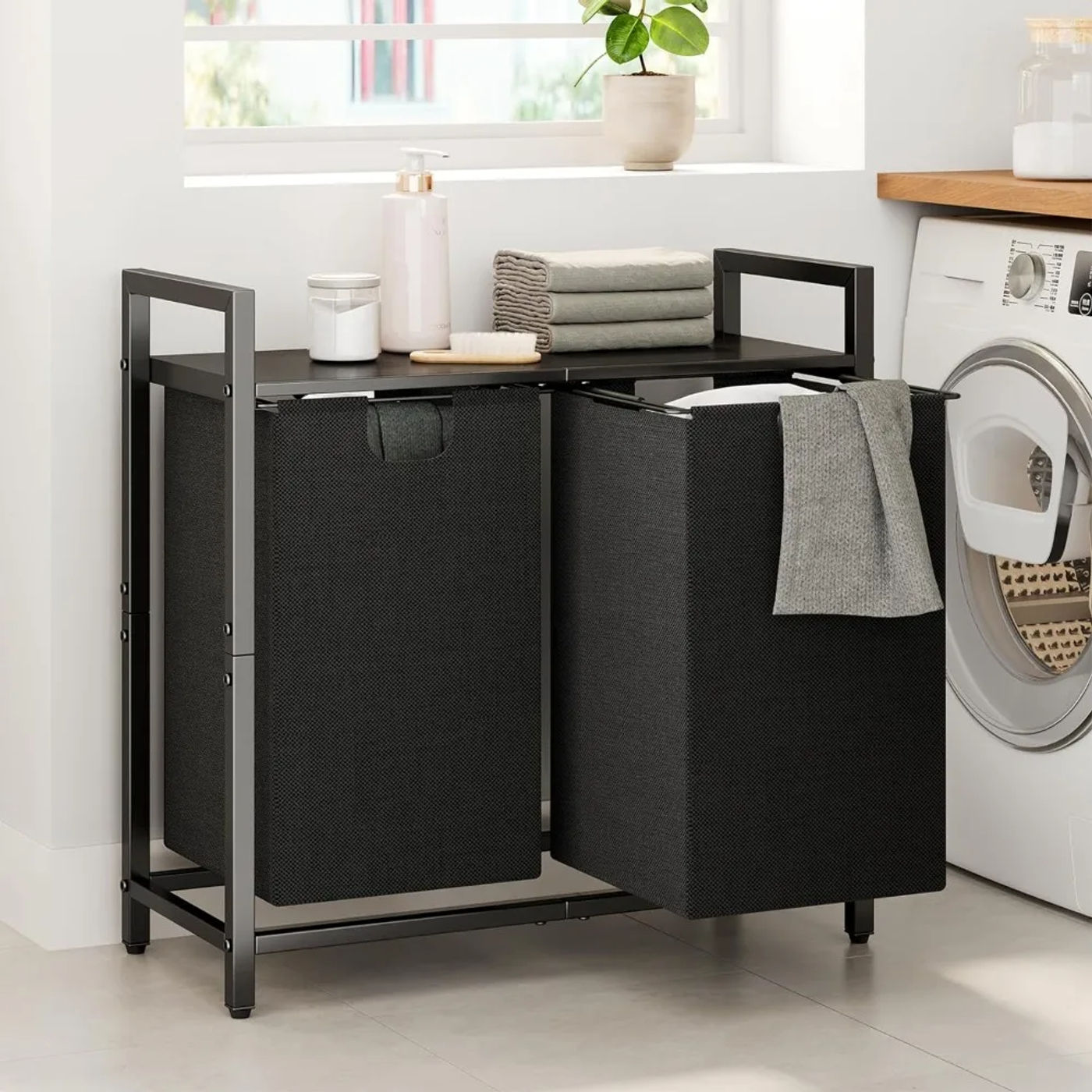 Description Picture 2 of itemLaundry Basket Organizer, Laundry Hamper with Shelf & 2 Pull-Out Removable Bags, Dirty Clothes Hamper Organizer
