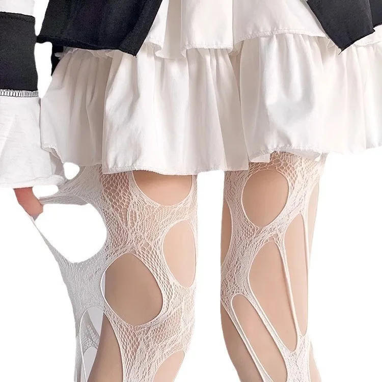 Description Picture 2 of itemWomen Sexy Stockings White Lace Broken Hole Fishnet Socks Black Tights Woman Large Mesh Hollow Pantyhoses Fishnets Gothic
