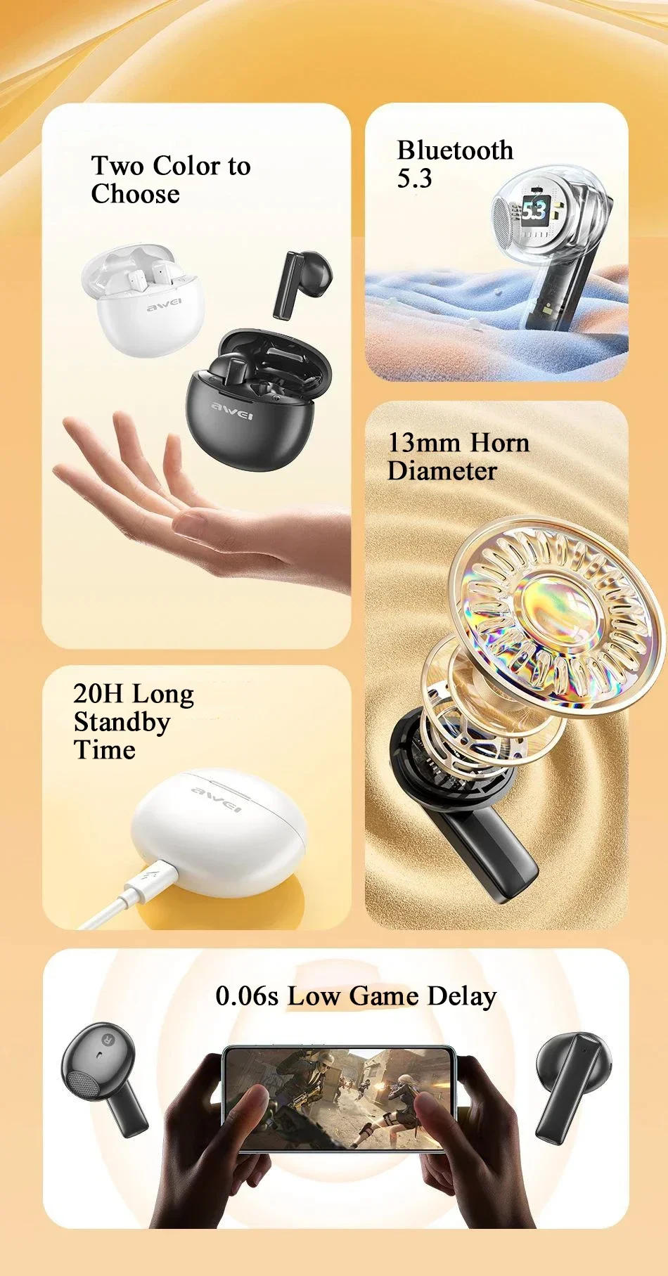 Description Picture 4 of itemAwei  TWS Bluetooth 5.3 Earbuds Wireless Bluetooth Earphones Touch Control Stereo Headset Waterproof Sport Headphones