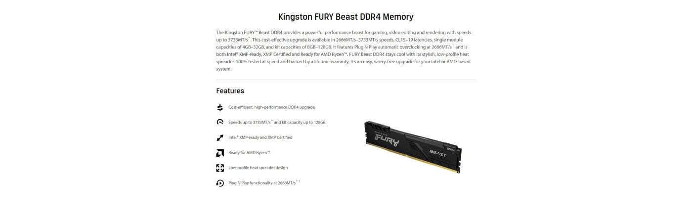 Description Picture 3 of itemKingston FURY Beast DDR4 4GB 8GB 16GB 32GB 3200MHz 3600MHz Desktop AMD Intel CPU Motherboard  RAMs 288 PIN 1.2V