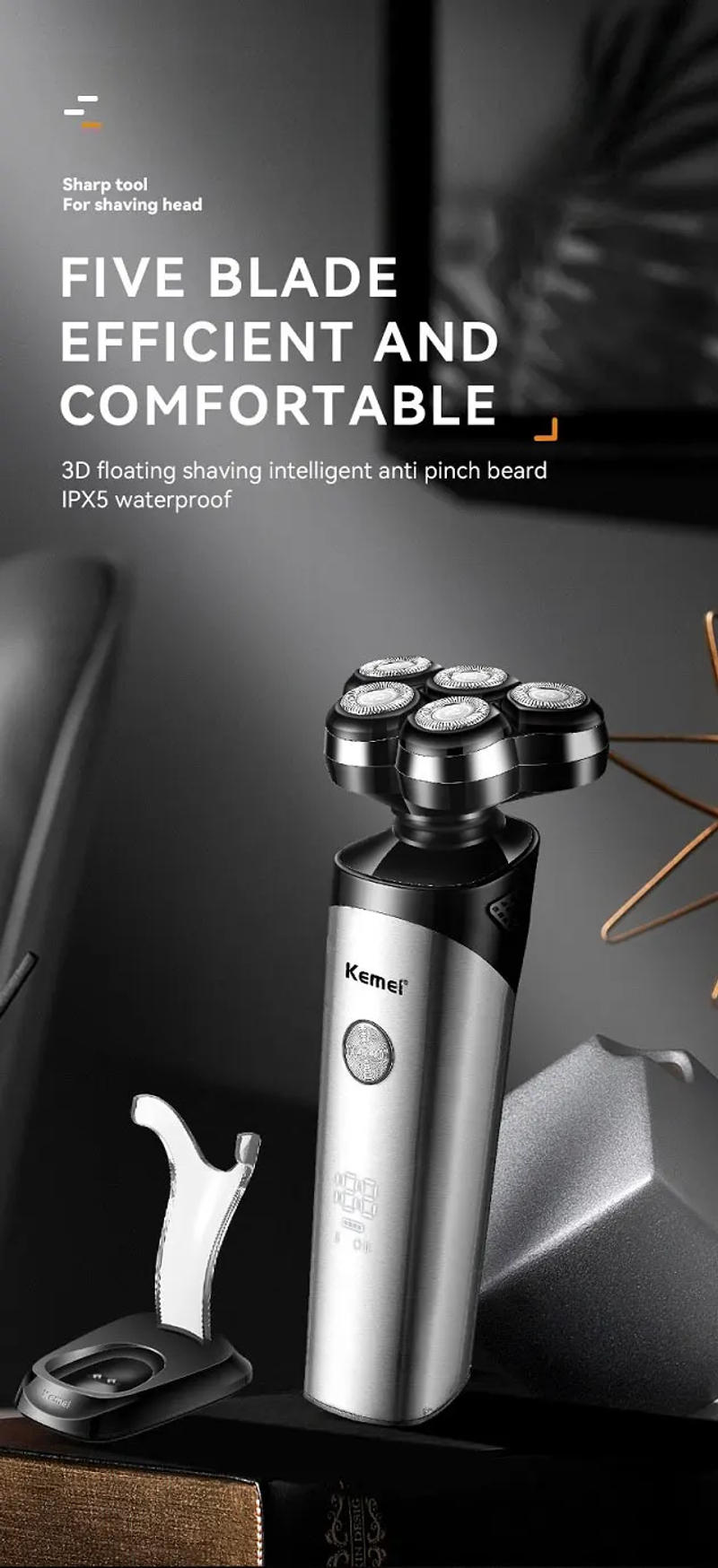 Description Picture 2 of itemKemei Rechargeable 5 Blades Shaver Electric Rotary Razor Bald Head Intelligent Wet Dry Men Beard Shaving Trimmer IPX5 Washable