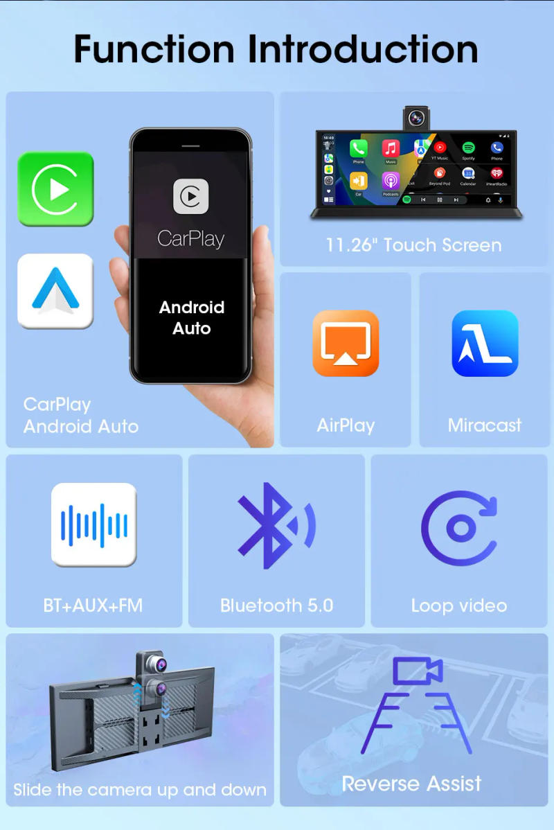 Description Picture 3 of itemJansite 11.26" Wireless CarPlay for Car DVR 4K Dash cam Rotation Front Camera Recoder Android Auto Dual Lens With Bracket BT5.0