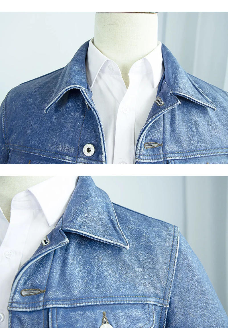 Description Picture 5 of item2024 Vintage Blue Genuine Leather Jacket Men Casual Style Single Breasted Plus Size 4XL Real Natural Cowhide Autumn Short Coat