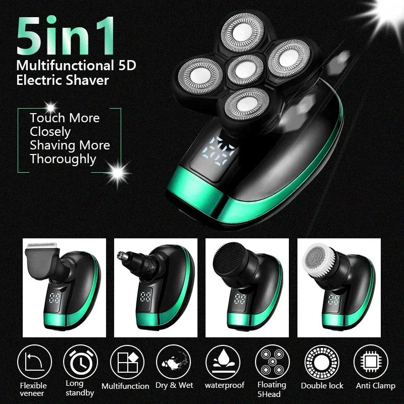 Description Picture 4 of item5 in 1Hair Clipper Nose Ear Hair Trimmer Men Facial Cleaning Brush Box  Rechargeable Electric Shaver Five Floating Heads Razors