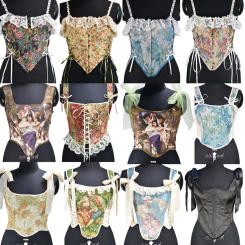 Women Over Bust Abdomen Corset Crops Lace Up Slimming Bodice Floral Prints Vintage Bustiers Bones Push Up Body Adjustable Strap