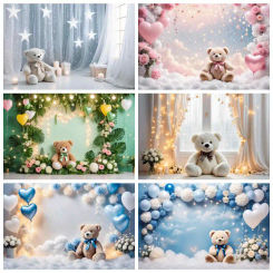 MOON.QG Teddy Bear White Blue Pink Birthday 1 Year Backdrop Boy Girl Drapes Balloon Background Sign Indoor Party Photozone Props