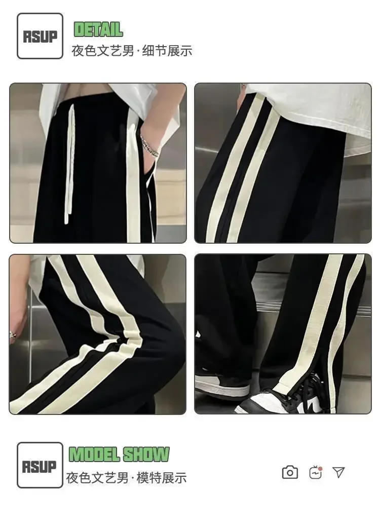 Description Picture 3 of itemSummer New Elastic Waist Drawstring Pockets Contrast Color Patchwork Split Wide Leg Trousers 2024 Man Street Motion Trousers