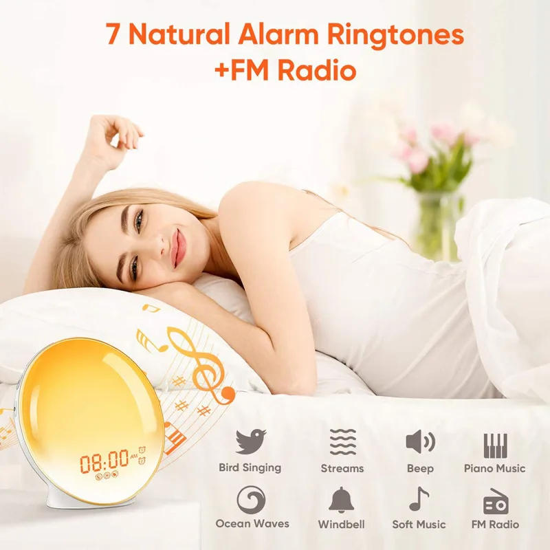 Description Picture 3 of itemSunrise Sunset Simulation Wake Up Alarm Clock with Colorful Atmosphere Light and FM Radio Function.Relaxed Natural Sound Tunes