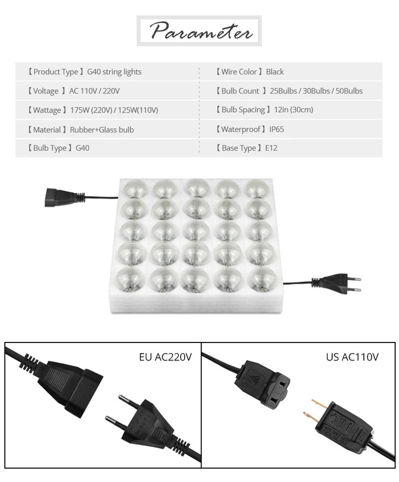 Description Picture 3 of itemLED G40 Ball String Lights Waterproof Outdoor Garden Garland String Fairy Christmas Party Wedding Decoration 25FT 30FT 50FT