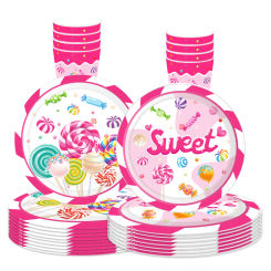 8Guests Lollipop Pink Disposable Tableware Sweet Candy Paper Plates Napkin Lollipop Theme Princess Happy Birthday Party Dec Girl