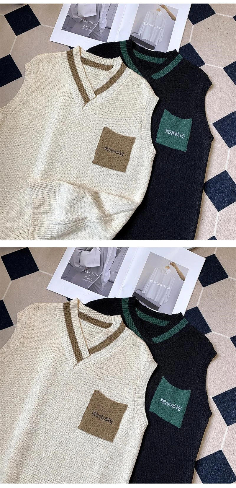 Description Picture 6 of itemSweater Vest Men Spring V-neck Japanese Vintage Contrast Color College Knitted Fashion Loose All-match Sleeveless Clothing V29