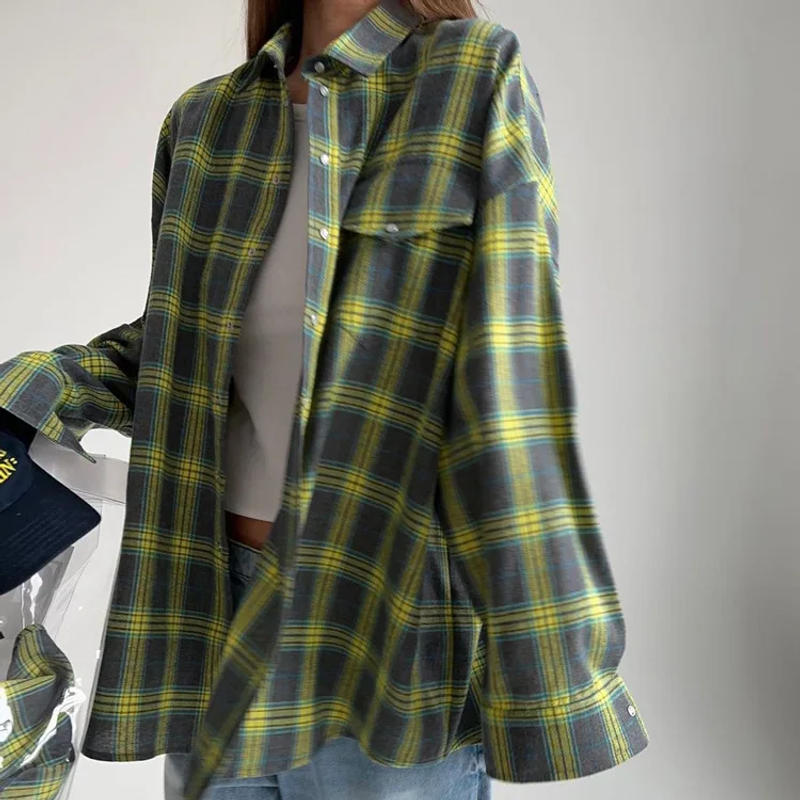 Description Picture 3 of itemWomen's Blouse Retro Style Lapel Loose Shirt 2024 Autumn Plaid Long-sleeve Pocket Shirt For Women Shirts Top Рубашки Женские