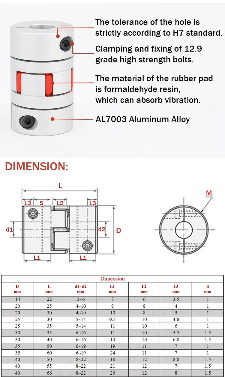 Description Picture 5 of itemD25 L35 5/6/6.35/8/9.525/10/12/14mm Three Jaw Coupler Aluminium Plum Shaft Motor Connector Flexible Coupling