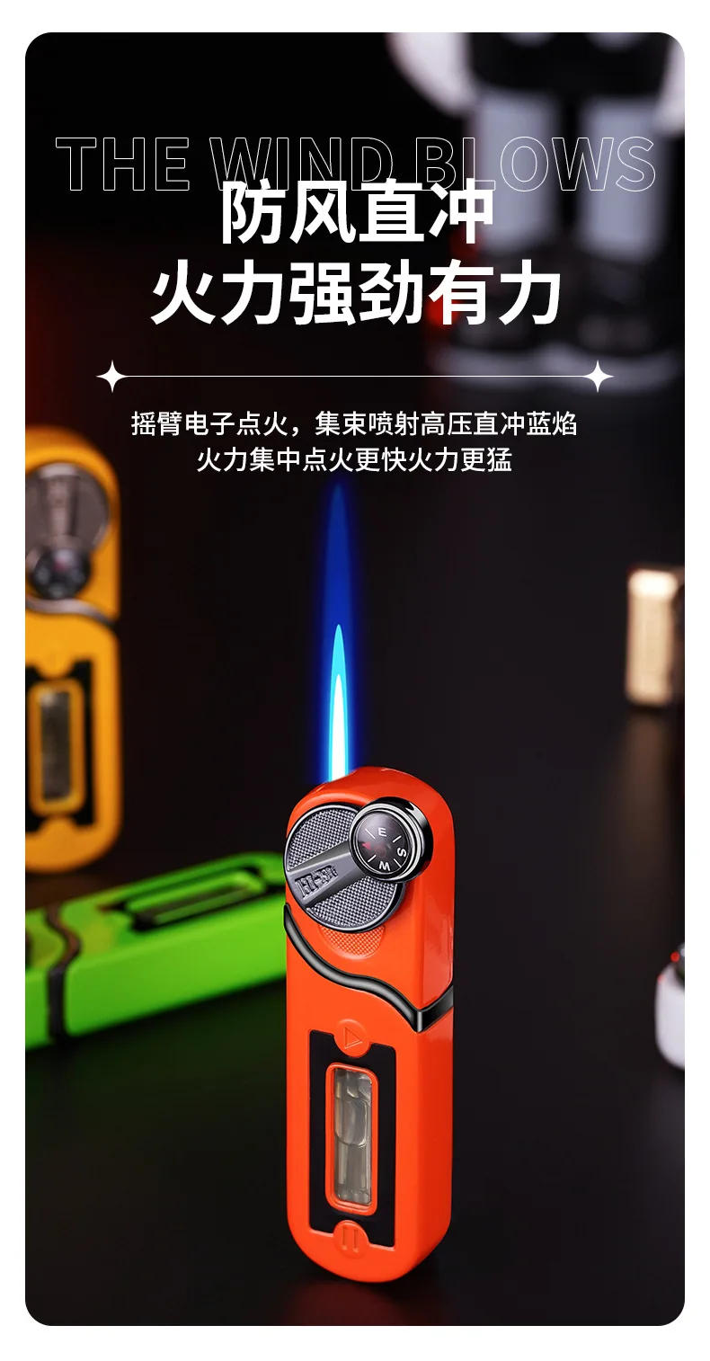 Description Picture 6 of itemOutdoor Windproof Inflatable Compass Lighter Blue Flame Mini Portable Rocker Ignition Visible Gas Chamber Cute Lighter