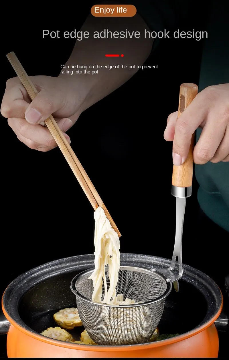 Description Picture 4 of item1pc 304 Stainless Steel Skimmer Filter Spoon Wooden Handle Hot Pot Colander Kitchen Utensils Cooking Tool Vegtables Filtering