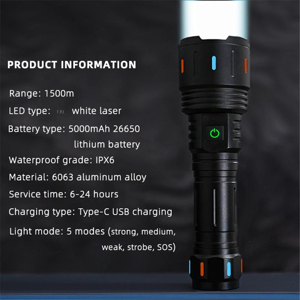 Description Picture 5 of item1500 Meters Super Bright White Laser LED Flashlight USB Rechargeable Torch 26650 Battery Outdoor Camping Emergency Flash Light