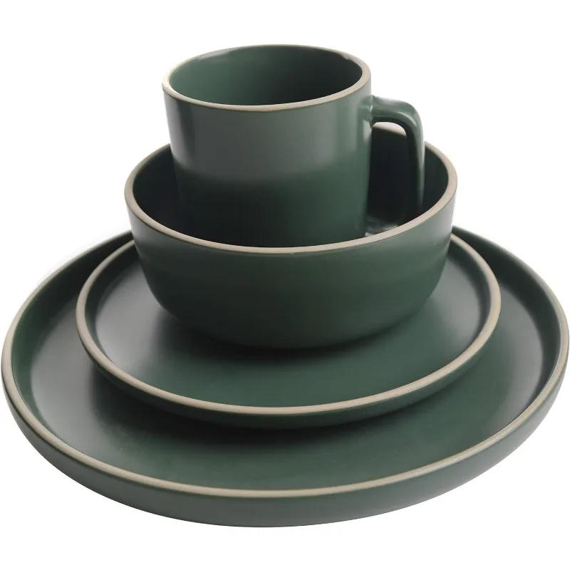 Description Picture 4 of item16 Piece Round Kitchen Dinnerware Set, Dishes, Plates, Bowls, Mugs, Service for 4, Matte Stoneware, Green