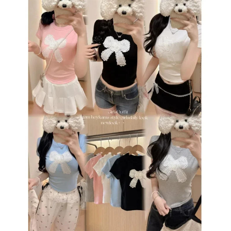 Description Picture 4 of itemFashion Cotton Korean Bow T-shirts With Chest Pads Bowknot Y2K Crop Tops Korean Style Embroidered Short Shoulder Tops Summer
