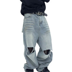 Men's and Women's Hip Hop High Street Big Ripped Wasteland Style Washed Distressed Loose Profile Denim Mop Flared Trousers