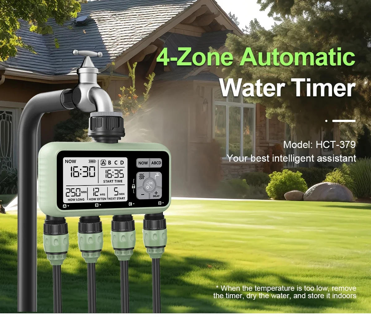 Description Picture 5 of itemEshico  4-Outlets Water Timer Automatic Drip Irrigation Controller Water Valve 4-way Independent Control Program Garden Tool