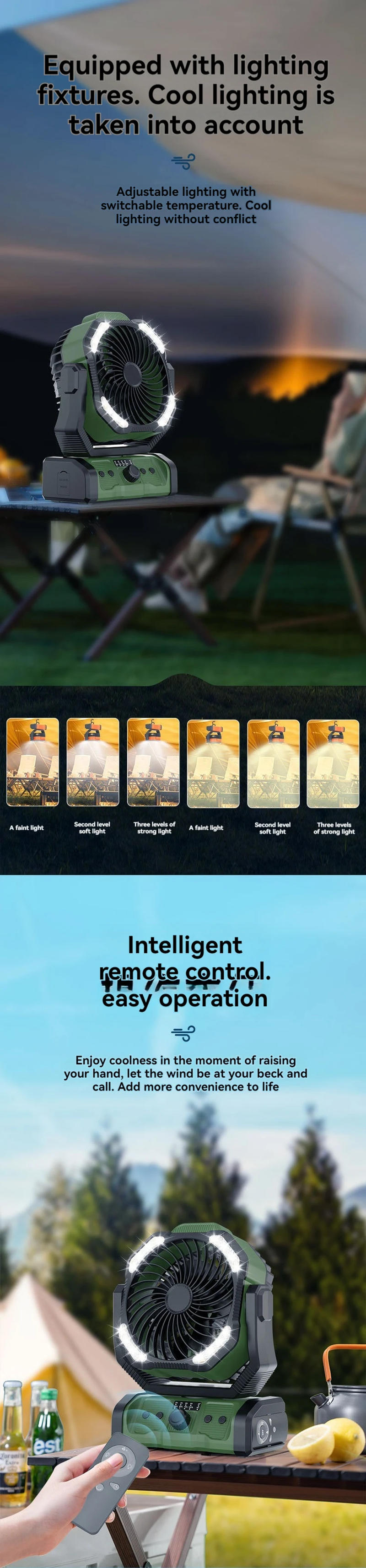 Description Picture 6 of item20000MHA outdoor fan portable large capacity stepless speed regulation camping fan fishing camping tent fan night light power ba