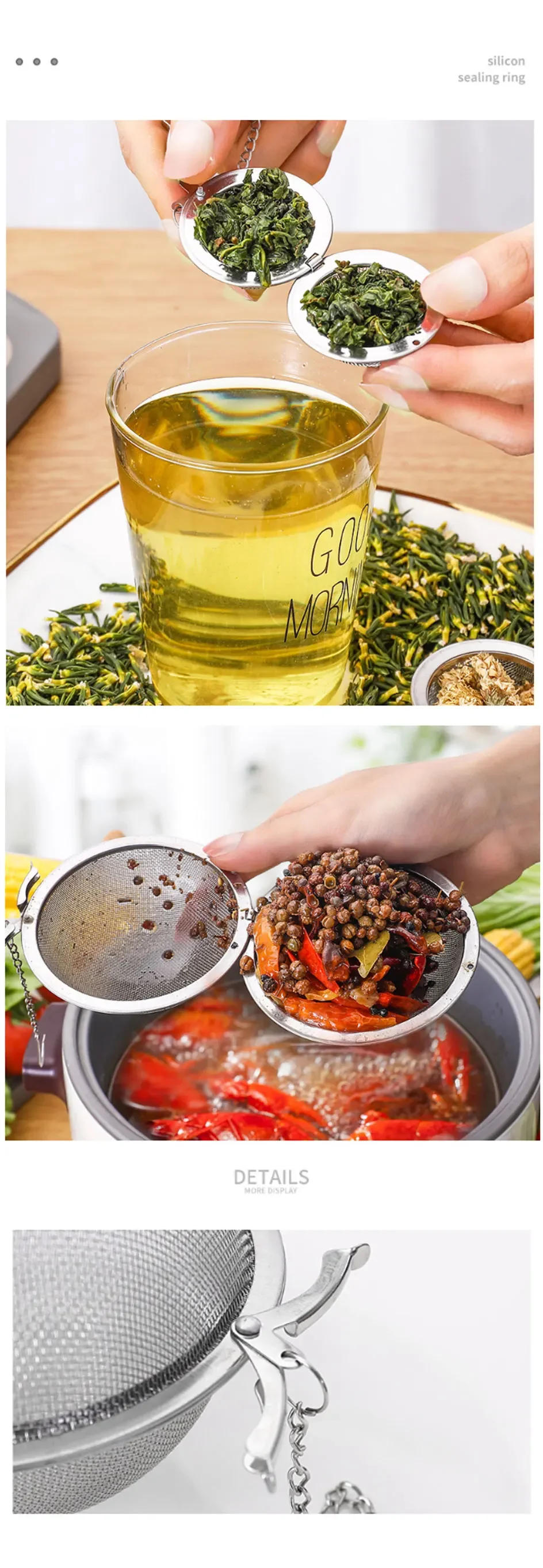 Description Picture 6 of item5 Size Stainless Steel Tea Infuser Sphere Locking Spice Tea Ball Strainer Mesh Infuser Tea Filter Strainers Kitchen Accessories