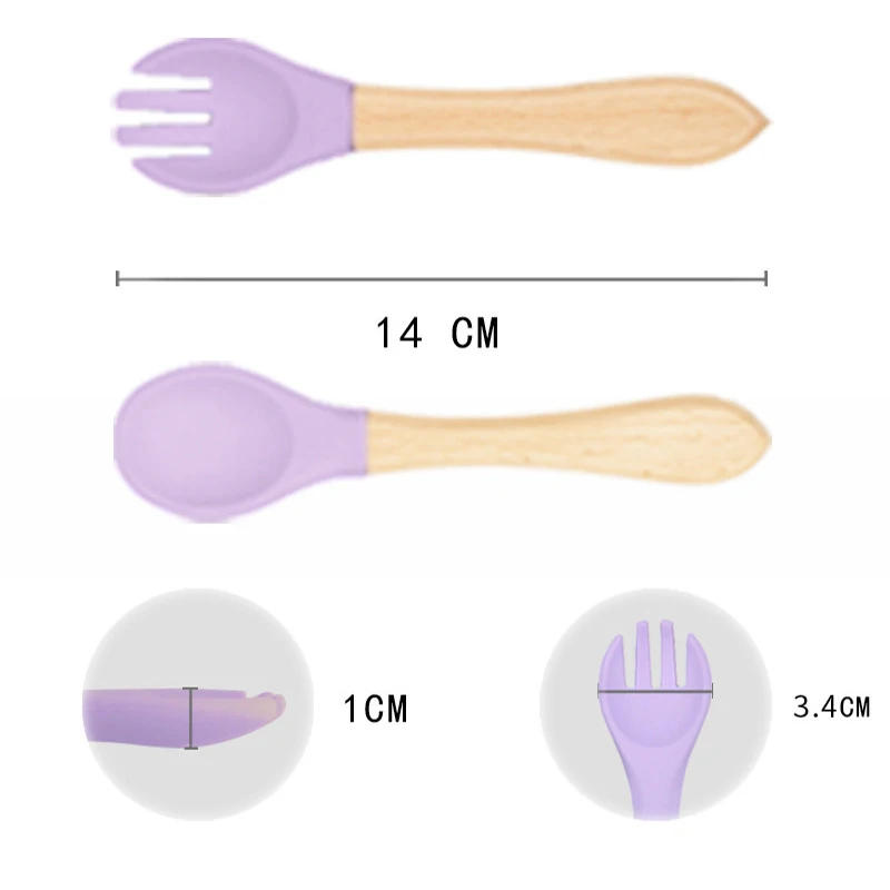 Description Picture 4 of item2Pcs Children's Wooden Handle Silicone Fork Spoon Soft and Resistant To Falling Baby Feeding Spoon Set Auxiliary Food Fork Spoon