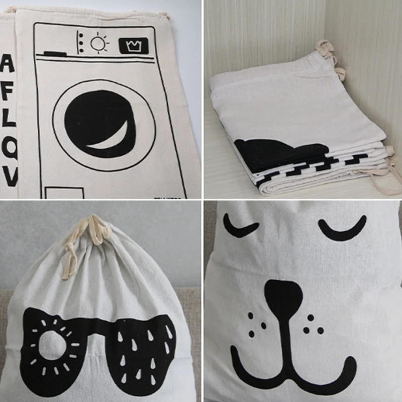 Description Picture 5 of itemLinen Cotton Laundry Bag Animal Stripe Pattern Cute Basket Home Toy Storage Bag Drawstring Dirty Clothes Bag Organizer Bag