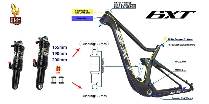 Description Picture 5 of item2025 NEW DNM AOY-36RC MTB Shock Abosorber 165mm 190mm 200mm Soft Tail Manual Control Lockable Rebound Bicycle Air Rear Shock