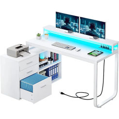 L Shaped Desk with Power Outlets & LED Lights & File Cabinet, 55 Inch Large Computer Desk Corner Desk with 3 Drawers and 2
