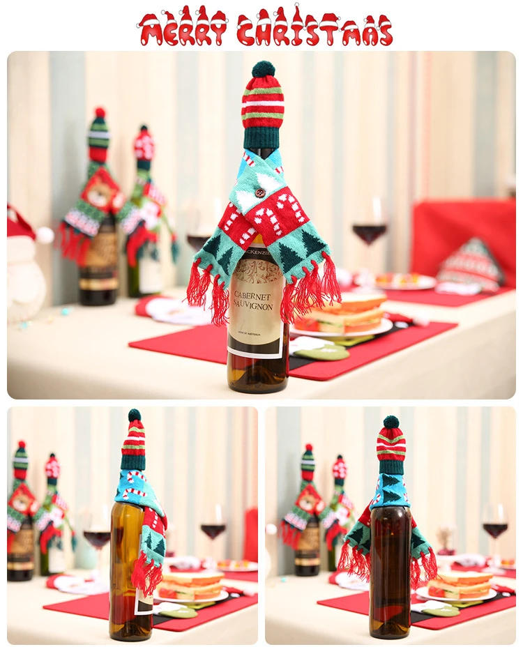Description Picture 5 of itemNew  Christmas Wine Bottle Cover Set Santa Snowman Woven Wine Bottle Bags for Christmas Party Dinner Table Decorations Gifts