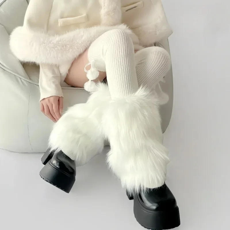Description Picture 6 of item1/2Pairs Plush Leg Warmers Women Winter Long Faux Fur Stockings Lolita Warm Sweet Stockings Furry White Girls Boot Cover Socks