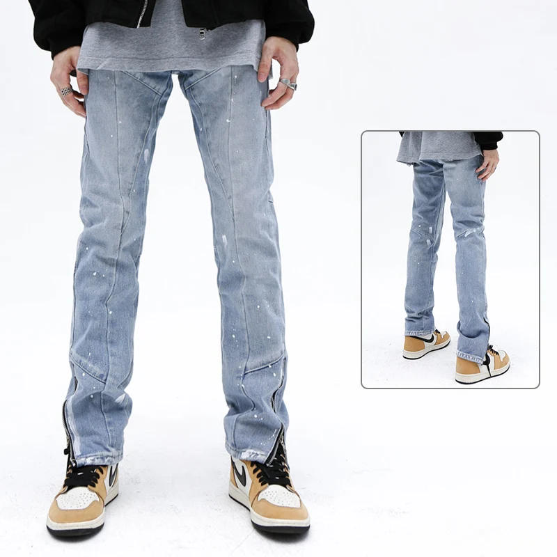 Description Picture 3 of itemMen Fashion Designer Side Decor Zipper Patchwork Jeans Mid Waisted Straight Denim Pants High Street Printing Streetwear Trouser