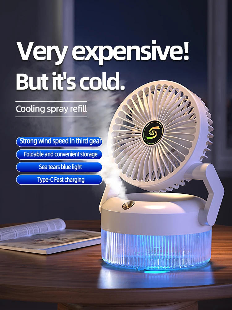 Description Picture 5 of item2024 New 800ML Rechargeable Air Conditioner Desktop Cooling Fan With Humidifier Air Cooler Portable Fan With Blue Light 3 Gears