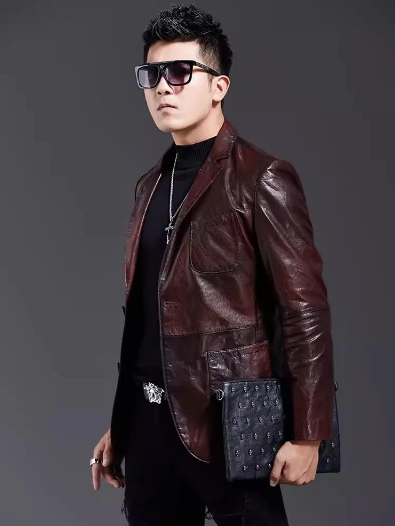 Description Picture 5 of itemVintage Oil Wax Sheepskin Suit Jacket Men Single Breasted New Designer Punk Genuine Leather Coat Business Casual Mens Outerwear