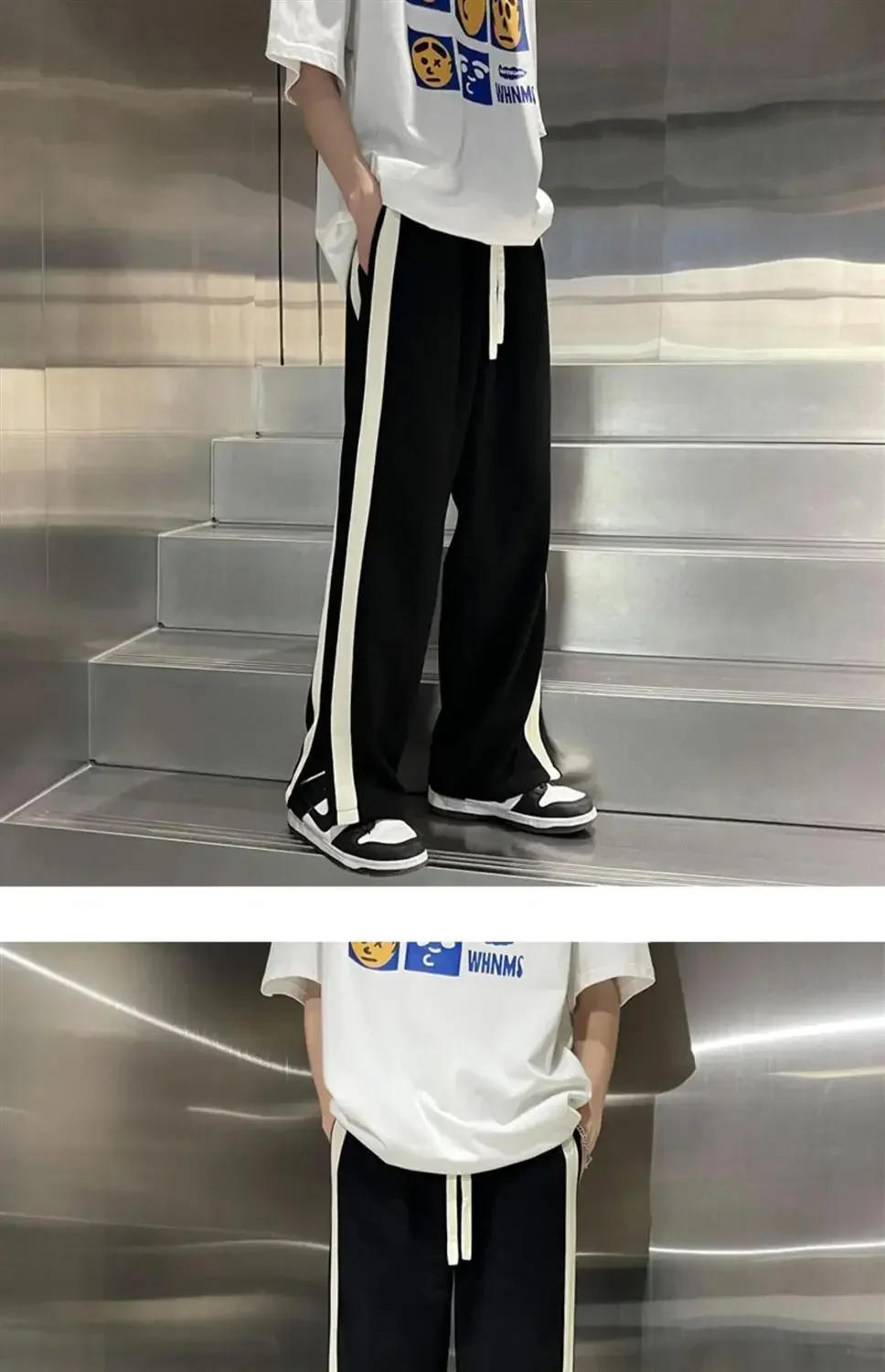 Description Picture 4 of itemSummer New Elastic Waist Drawstring Pockets Contrast Color Patchwork Split Wide Leg Trousers 2024 Man Street Motion Trousers