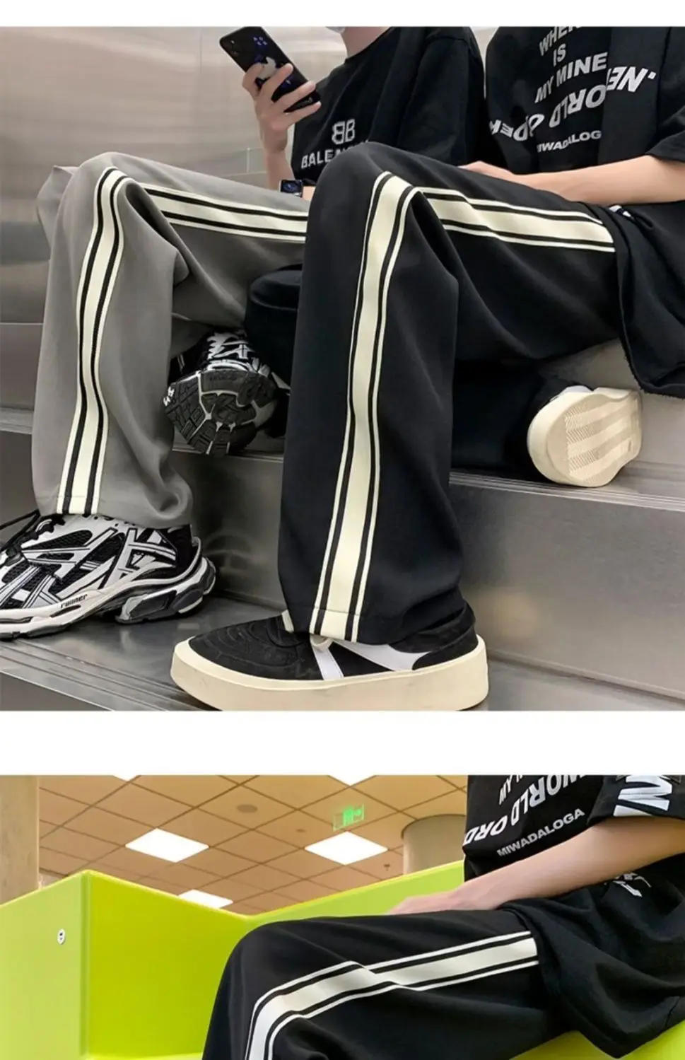 Description Picture 4 of itemAmerican street men and women trendy retro striped patchwork straight casual pants for spring and autumn loose wide leg pants