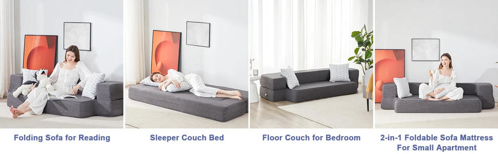 Description Picture 4 of itemFloor Sofa Bed, Fold Out Couch Bed with 2 Pillows & Washable Cover Convertible Sleeper Folding Sofa Bed Mattress for Living Room