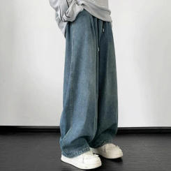 Men Casual Pants Men Elastic Waist Pants Retro Distressed Men's Wide Leg Pants with Elastic Waist Multi Pockets High for A