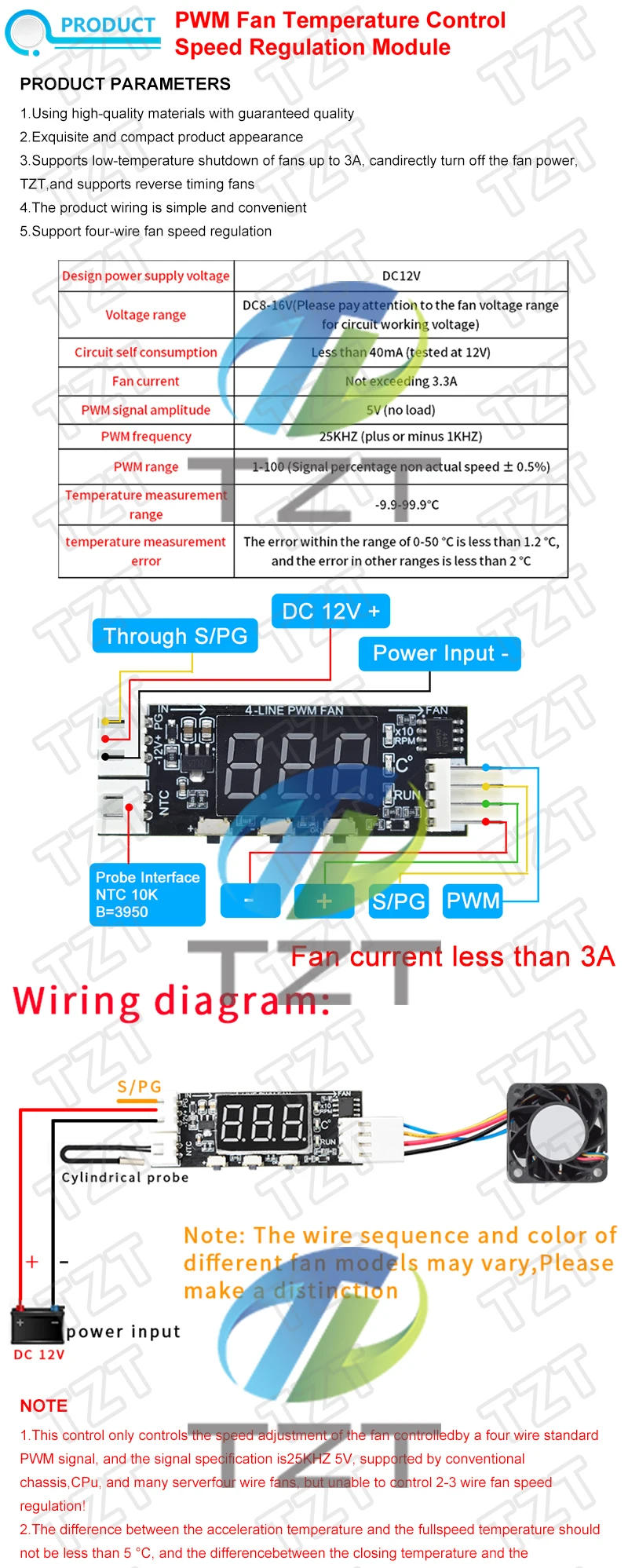 Description Picture 2 of itemTZT DC12V 4-Wire Min Temperature Controller Speed Governor Fan Speed Motor Controller Digital Display Module Power Supply