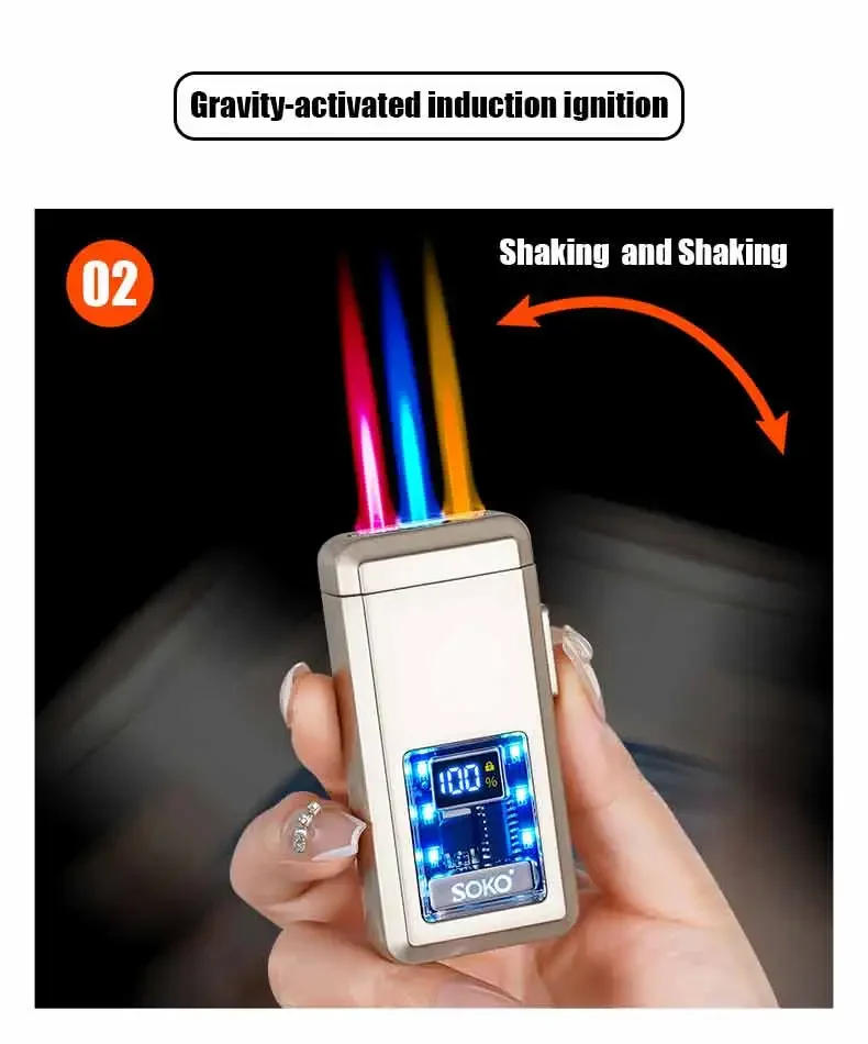 Description Picture 5 of itemNew High Beauty Voice Controlled LED Lighter Three-Color Flame Counting Transparent Visual Movement Inflatable Windproof Lighter