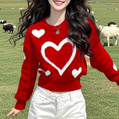 Love Color Collision Knitted Sweater For Women 2025 New Fashion Spring Autumn Korean Casual Bottoming Shirt Knitwear Pullover