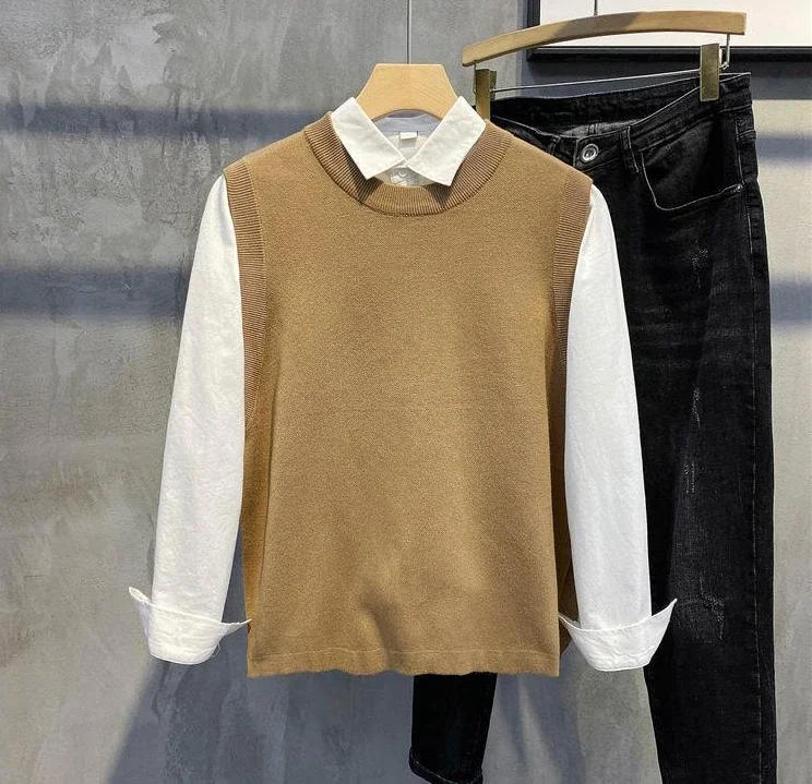 Description Picture 5 of itemKnit Sweater Male Crewneck Solid Color Sleeveless Men's Clothing Vest Casual Round Collar Coat Plain Jacket Waistcoat Maletry X