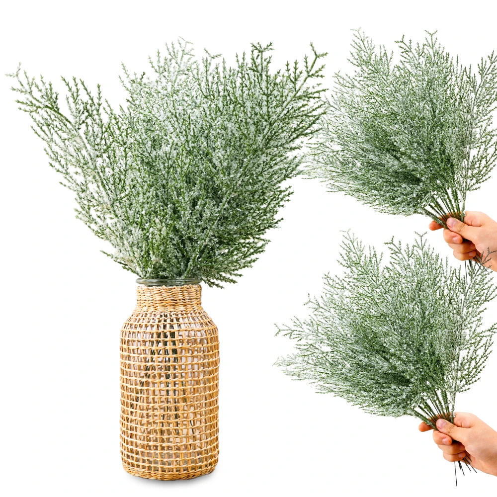 Description Picture 2 of itemChristmas Snow Frosted Pine Branches Artificial Faux Cedar Fake Sprigs Pine Leaves Plastic Cypress Garland Wreath DIY Decoration