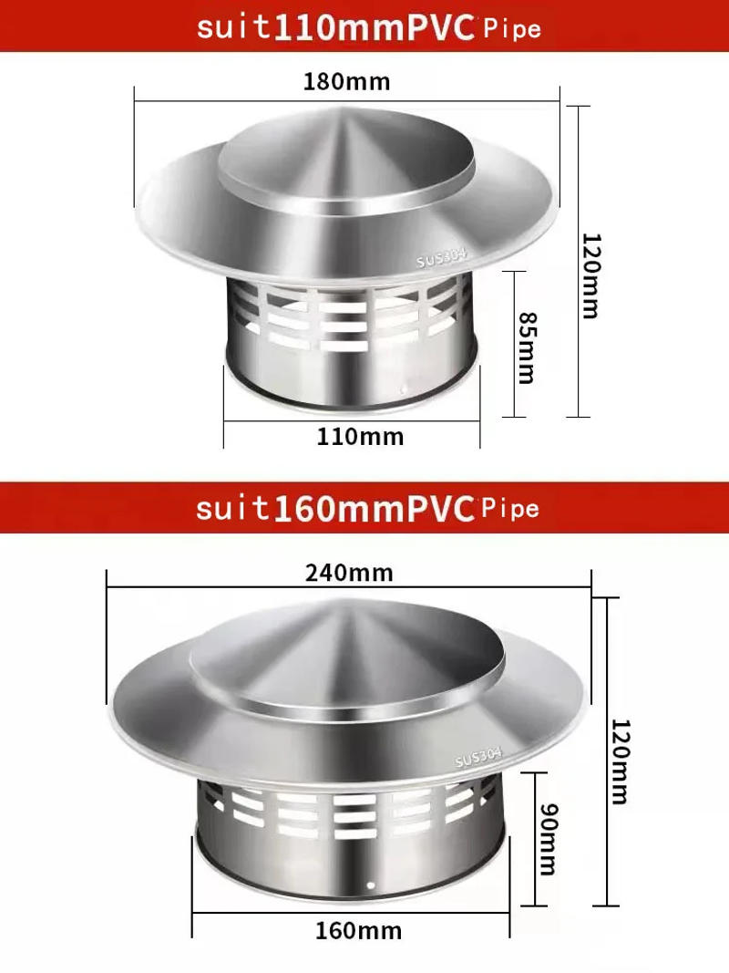 Description Picture 4 of item110/160mm Stainess Steel Chimney Cap For Ventilation Ducts Thicken Chimney Pot Cover Air Vent Roof Cowl Top Hat Exhaust Hood