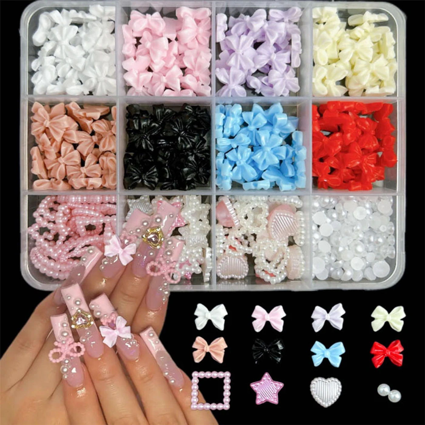 Description Picture 6 of item1 Box 3D Mixed Kawaii Resin Nail Art Rhinestones Ribbon Bow/Flowers/Pearls/Love Heart Nail Charms For DIY Nail Art Decorations