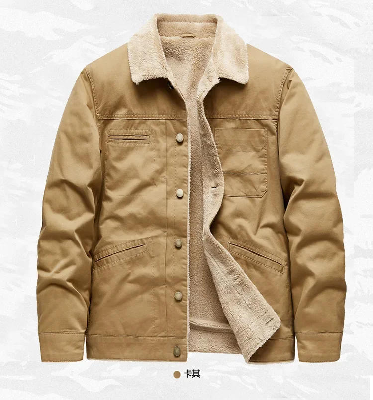 Description Picture 6 of itemWinter Men's Parkas Jackets 100% Cotton Coat Plus Fleece Thick Warm Men's Outdoor Jacket Military Casual Khaki Green Lamb Parkas